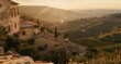 © Baiqvivit - Idyllic Tuscan landscape with sunbeams illuminating rolling hills and ancient architecture at sunset