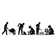 © Alisya Design - A sequence of black silhouette icons showing people planting digging watering and growing plants in a garden.