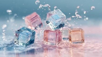 Canvas Print - Colorful Ice Cubes Splashing in Water with Bokeh Background Effect