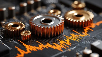 Canvas Print - gears and circuitry with orange waveforms in a technological setting