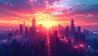 © くろねこ - 夕日をバックにした都会のイラスト