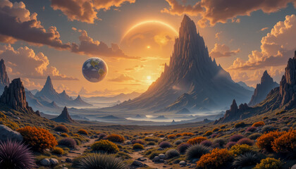 Wall Mural - A breathtaking fantasy landscape features a majestic mountain range, a planet resembling Earth, and a giant planet in the sky, all bathed in warm sunlight.
