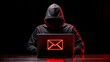 © sunny - Hacker in dark hoodie using laptop with red glowing symbol