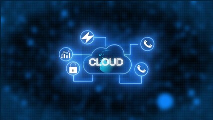 Blue Neon Cloud Computing Icon with Binary Code and Network Connections technology digital.