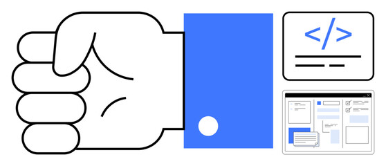 Hand gesture signifying cooperation, coding interface, and webpage elements. Ideal for teamwork, programming, development, collaboration, user interface design technology productivity. Simple flat