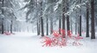 © HIKAM - Vibrant red bushes stand out against a serene, snow-covered pine forest on a misty winter day, creating a beautiful contrast in nature's cold embrace.