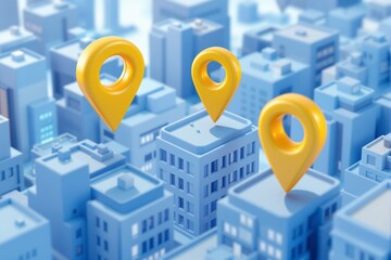 Yellow location map pointers above city buildings symbolizing business location concept on modern urban background with stylized blue architecture. Ai generative