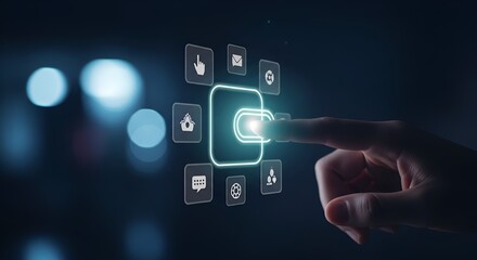 Modern technology interface with finger interacting on glowing digital screen selecting options