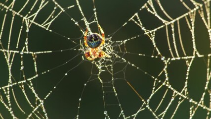 Spider spins intricate web glistening with morning dew in lush green garden, showcasing nature's artistry and delicate beauty.