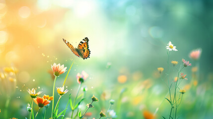 Wall Mural - A fresh spring sunny garden background of green grass and blurred foliage bokeh.