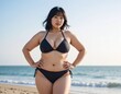© 貴宏 西山 - Plus-size Japanese woman in a colorful bikini standing on a sunny beach, smiling