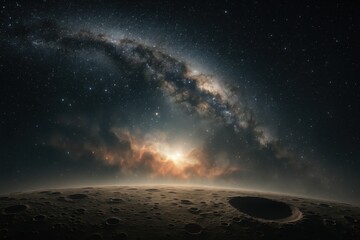 Wall Mural - epic deep space panorama with luminous nebulae and a grand spiral galaxy arching above a cratered ex