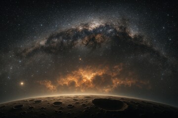 Wall Mural - epic deep space panorama with luminous nebulae and a grand spiral galaxy arching above a cratered ex