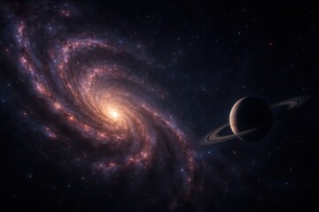 Wall Mural - Epic interstellar panorama with spiral galaxy glowing nebula and a distant ringed planet shimmering across starfields deep space energy and mystery