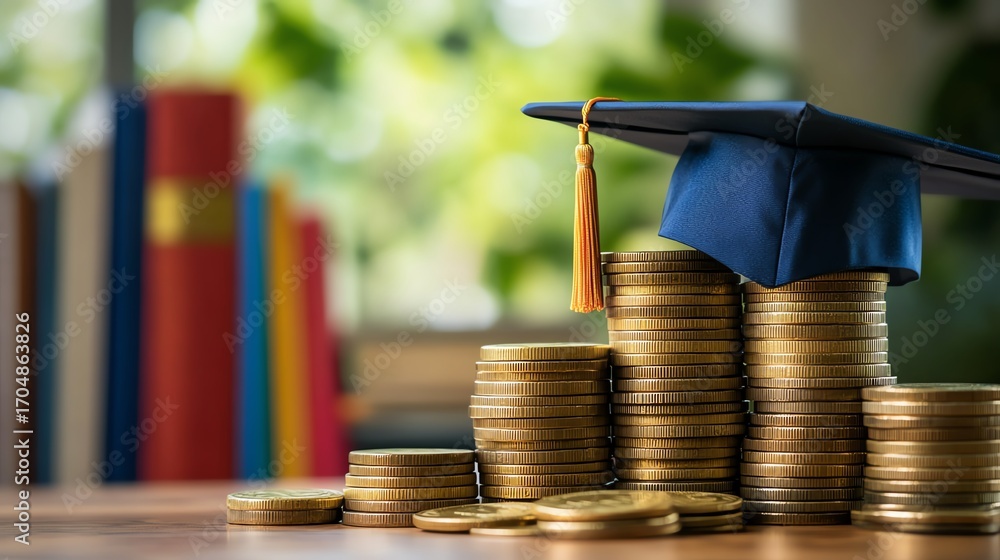Graduation Cost Foto de Stock Graduation cap on coins symbolizes education costs ...