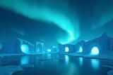 Aurora Borealis over the Ice Caves, arctic landscape with northern lights and open water