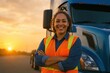 © Bijac - Confident female trucker in safety vest leaning on semi door cheerful expression professional driver diversity in transport industry portrait at sunrise