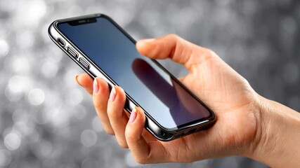 Hand holding a sleek smartphone. Shiny screen, blurred background