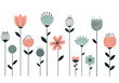 © Siam - Collection of stylized flowers in various colors and shapes on a white background.