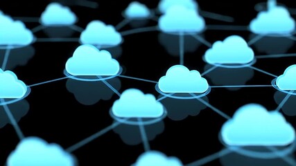A computer screen shows a network of clouds with a blue background