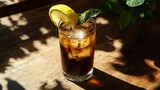 Cold espresso tonic glass with lemon