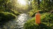 © jennifermasonia - Orange Bottle Beside Stream in Lush Forest Sunlight.