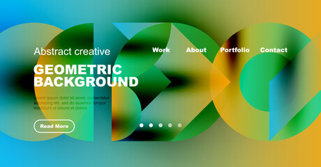 Wall Mural - Abstract website mockup. Vibrant colors blend, geometric shapes overlap. Navigation includes work, about, portfolio, contact options.