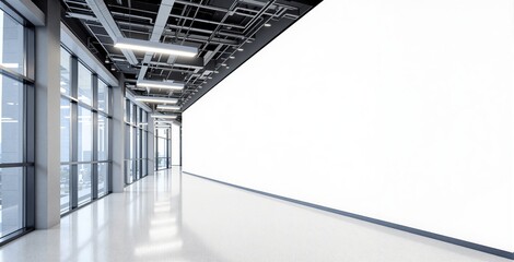 Modern office corridor with large white wall and exposed ceiling pipes in bright daylight background. Ai generative. Ai generative