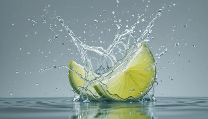 A lime slice exploding in a vibrant water splash against a neutral backdrop.