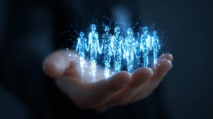 A hand holds a translucent sphere of digital people icons