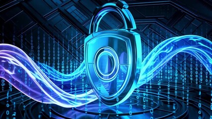 Glowing digital padlock with blue waves and binary code representing cybersecurity and data protection
