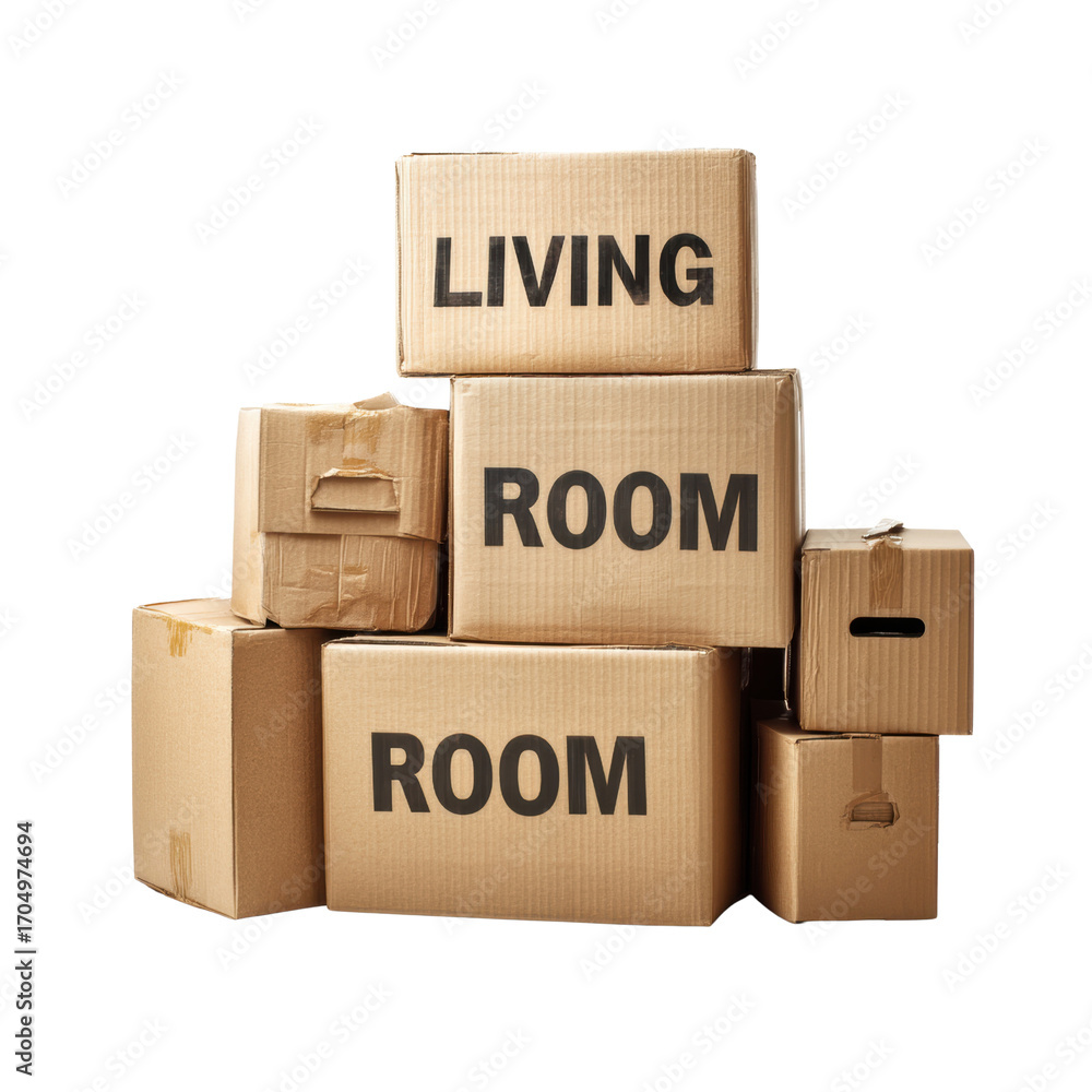 Stacked boxes labeled for moving to a new home. Stock Photo | Adobe Stock