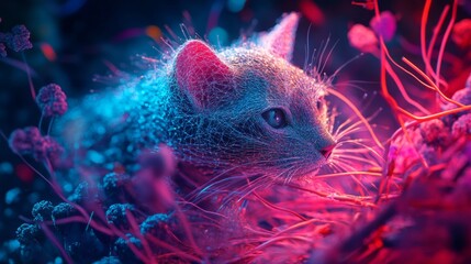 Wall Mural - A mesmerizing scene featuring a fluffy cat surrounded by vibrant glowing plants. The interplay of colors creates a surreal atmosphere. Generative AI