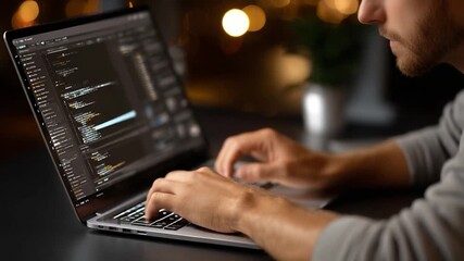 Man codes on laptop, illuminated screen in the dark, concentrated