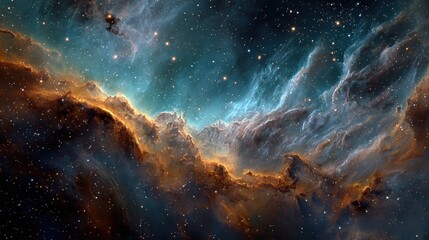 Wall Mural - Vast expanse of stars and nebula displays cosmic dust clouds in shimmering golds and cool blues, a spectacle of interstellar beauty