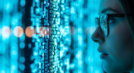Woman with glasses looking at a digital display with blue binary code