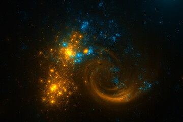 Wall Mural - dazzling display of bright yellow and blue stars within a swirling galaxy in deep space. This luminous cluster showcases the beauty of the universe with dynamic colors and shapes. 3d render