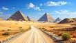 © Cetak - A sweeping vista of ancient pyramids piercing a vibrant desert landscape, a winding dirt road leading the eye toward these timeless structures under a clear, sunny sky.