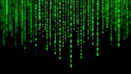 Green glowing binary code rains down on a dark background, symbolizing cyberspace, programming, digital networks, and futuristic technology.