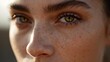 © Magic H. - Macro Close-Up of Freckled Woman with Golden Hazel Eyes – Smooth Skin, Soft Natural Lighting, Minimal Background, Highly Detailed Cinematic Portrait