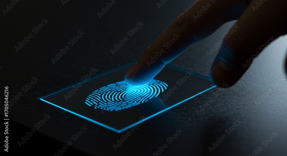 Finger pressing on a glowing blue fingerprint scanner for biometric ...