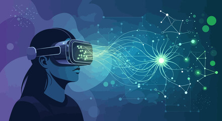 Conceptual art of a person interacting with a luminous digital network via a virtual reality headset, symbolizing futuristic technology