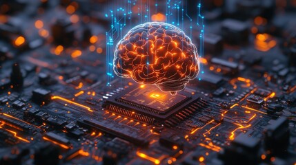 Advanced Artificial Intelligence Brain on Computer Chip with Glowing Connections