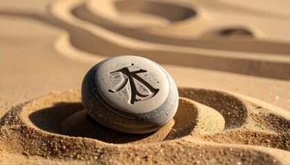 Stone in sand with design