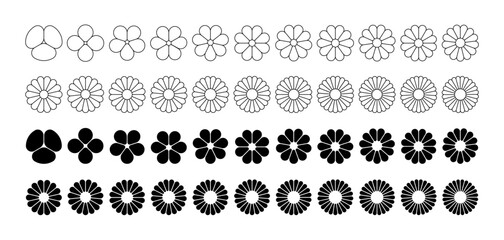 Wall Mural - Flower petal shape icons set. Infographic circle diagram. Pie simple chart. Flower leaves geometric graphic element. Round wheel design chart. Vector illustration isolated on white background.