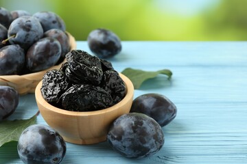 Wall Mural - Dried prunes in bowl, leaves and fresh plums on light blue wooden table, closeup. Space for text