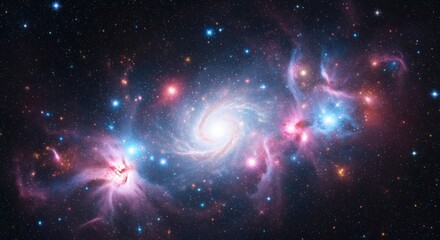 Wall Mural - Grand spiral galaxy with blue, red, and pink nebulous regions