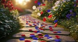 Serene stone pathway adorned with cascading patriotic petals in a floral paradise