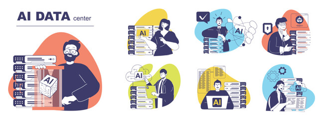 Wall Mural - AI data center concept set for web design. Collection with people using network computing with artificial intelligence technology, cloud processing, online backup with security. Vector illustration.