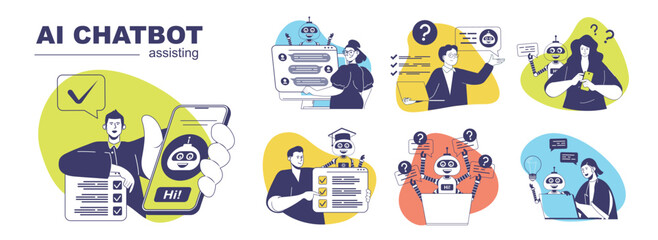 Wall Mural - AI chatbot assisting concept set for web design. Collection with people chatting with artificial intelligence advisers, searching online and getting answers, interacting with bot. Vector illustration.